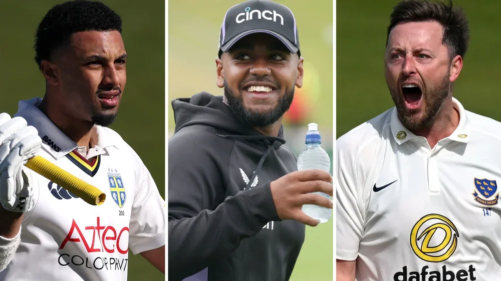Action pictures of Emilio Gay, left, Rehan Ahmed, centre, and Ollie Robinson
